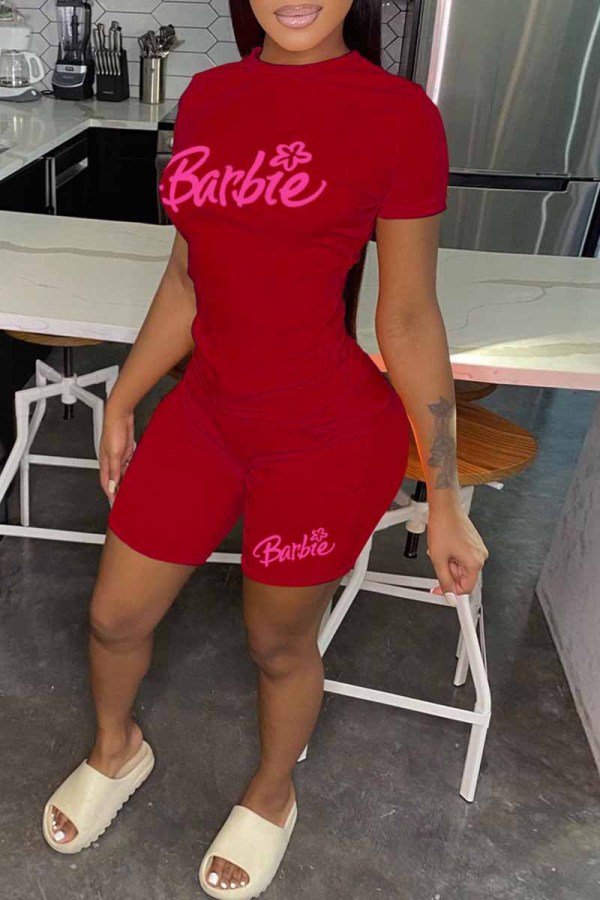 Red Casual Print Letter O Neck Short Sleeve Two Pieces