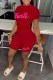 Red Casual Print Letter O Neck Short Sleeve Two Pieces