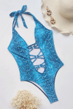 Blue Sexy Animal Print Hollowed Out Patchwork Backless Swimwears