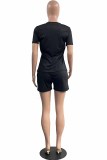 Pink Casual Character Print Letter O Neck Short Sleeve Two Pieces