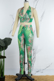 Green Street Floral Patchwork Frenulum Backless Halter Sleeveless Two Pieces
