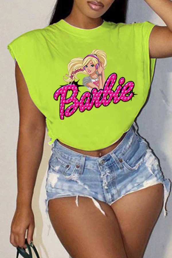 Light Green Casual Street Character Print Letter O Neck Tops