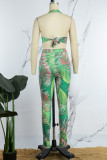 Green Street Floral Patchwork Frenulum Backless Halter Sleeveless Two Pieces