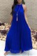 Tibetan Blue Casual Solid Frenulum Pleated O Neck Long Dress Dresses