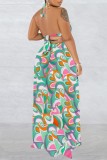 Purple Sexy Print Bandage Backless Spaghetti Strap Long Dress (Without Waist Chain ,Subject To The Actual Object)
