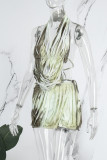 Grey Brown Sexy Tie Dye Tassel Patchwork Backless Fold Halter Sleeveless Two Pieces