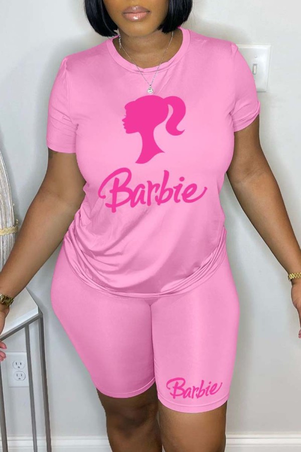 Pink Casual Print Basic O Neck Short Sleeve Two Pieces