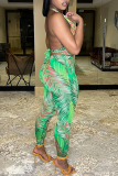 Green Street Floral Patchwork Frenulum Backless Halter Sleeveless Two Pieces