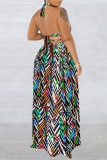 Purple Sexy Print Bandage Backless Spaghetti Strap Long Dress (Without Waist Chain ,Subject To The Actual Object)