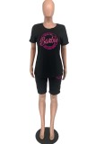 Pink Casual Sportswear Letter Print Basic O Neck Short Sleeve Two Pieces