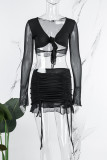 Black Sexy Solid Bandage Hollowed Out V Neck Long Sleeve Two Pieces