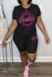 Pink Casual Sportswear Letter Print Basic O Neck Short Sleeve Two Pieces