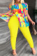 Yellow Casual Print Patchwork Slit Oblique Collar Plus Size Two Pieces