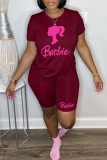 Red Casual Print Basic O Neck Short Sleeve Two Pieces