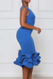 Blue Fashion Sexy Solid Patchwork V Neck Evening Dress
