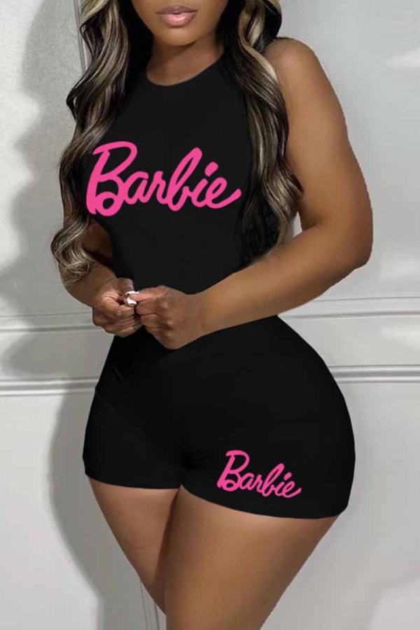 Black Sexy Print Letter O Neck Sleeveless Two Pieces