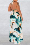 Purple Sexy Print Bandage Backless Spaghetti Strap Long Dress (Without Waist Chain ,Subject To The Actual Object)