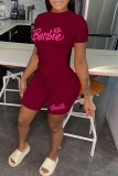 Red Casual Print Letter O Neck Short Sleeve Two Pieces