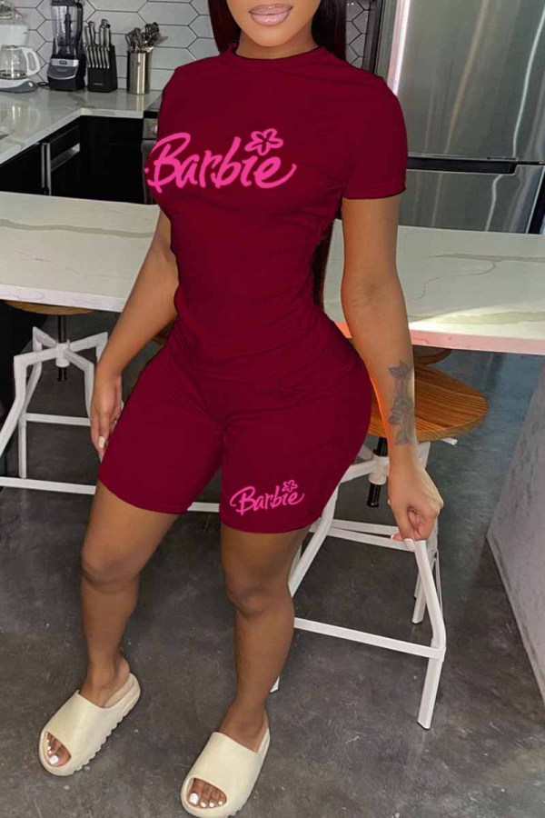 Burgundy Casual Print Letter O Neck Short Sleeve Two Pieces