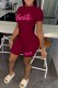 Burgundy Casual Print Letter O Neck Short Sleeve Two Pieces