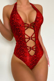 Red Sexy Animal Print Hollowed Out Patchwork Backless Swimwears