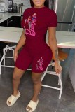 Pink Casual Character Print Letter O Neck Short Sleeve Two Pieces
