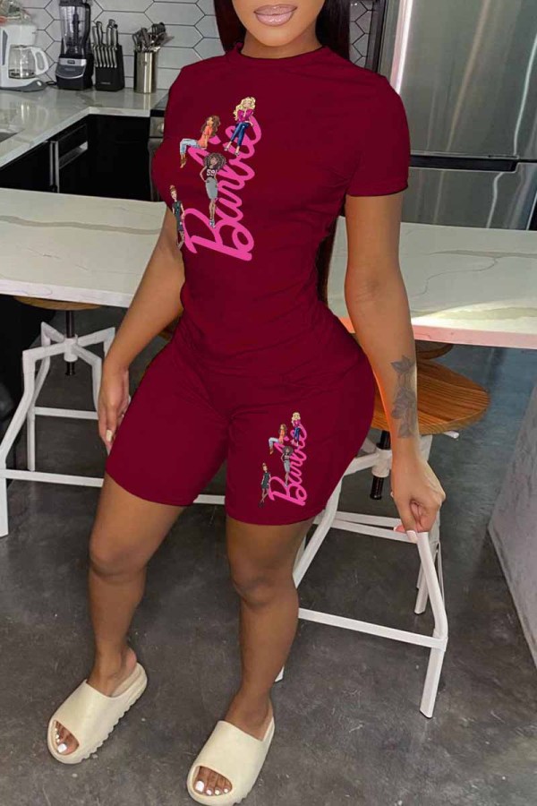 Burgundy Casual Character Print Letter O Neck Short Sleeve Two Pieces