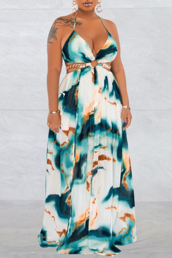 White Sexy Print Bandage Backless Spaghetti Strap Long Dress (Without Waist Chain ,Subject To The Actual Object)
