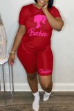 Red Casual Print Basic O Neck Short Sleeve Two Pieces