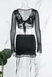 Black Sexy Solid Bandage Hollowed Out V Neck Long Sleeve Two Pieces
