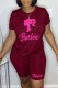 Burgundy Casual Print Basic O Neck Short Sleeve Two Pieces