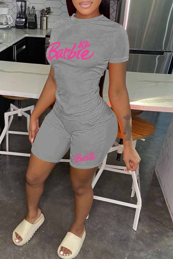 Grey Casual Print Letter O Neck Short Sleeve Two Pieces