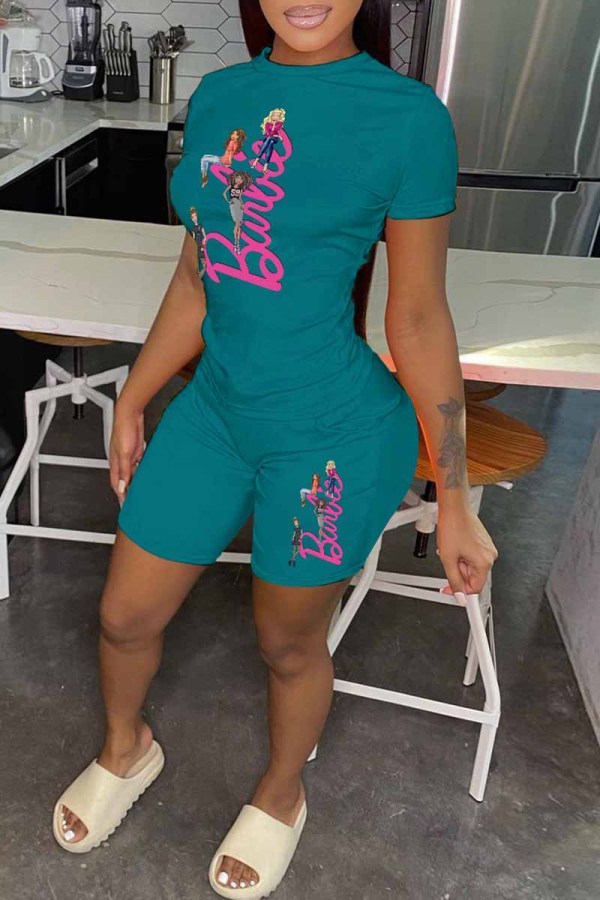 Green Casual Character Print Letter O Neck Short Sleeve Two Pieces