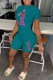 Green Casual Character Print Letter O Neck Short Sleeve Two Pieces