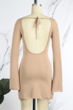 Khaki Casual Solid Basic O Neck Long Sleeve Dresses