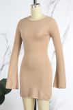 Khaki Casual Solid Basic O Neck Long Sleeve Dresses