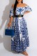 Blue Casual Print Patchwork Off the Shoulder Long Dress (Without Belt)