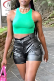 Black Street Solid Patchwork Pocket Metal Accessories Decoration Skinny High Waist Straight Solid Color Bottoms