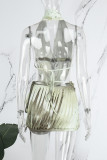 Grey Brown Sexy Tie Dye Tassel Patchwork Backless Fold Halter Sleeveless Two Pieces