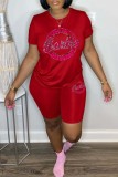 Pink Casual Sportswear Letter Print Basic O Neck Short Sleeve Two Pieces
