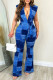 Blue Casual Print Patchwork V Neck Regular Jumpsuits