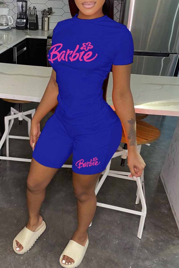 Blue Casual Print Letter O Neck Short Sleeve Two Pieces