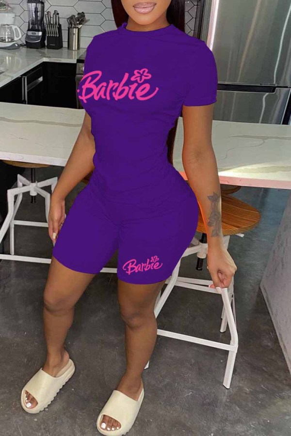 Purple Casual Print Letter O Neck Short Sleeve Two Pieces
