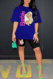 Fluorescent Green Casual Character Print Letter O Neck Short Sleeve Two Pieces