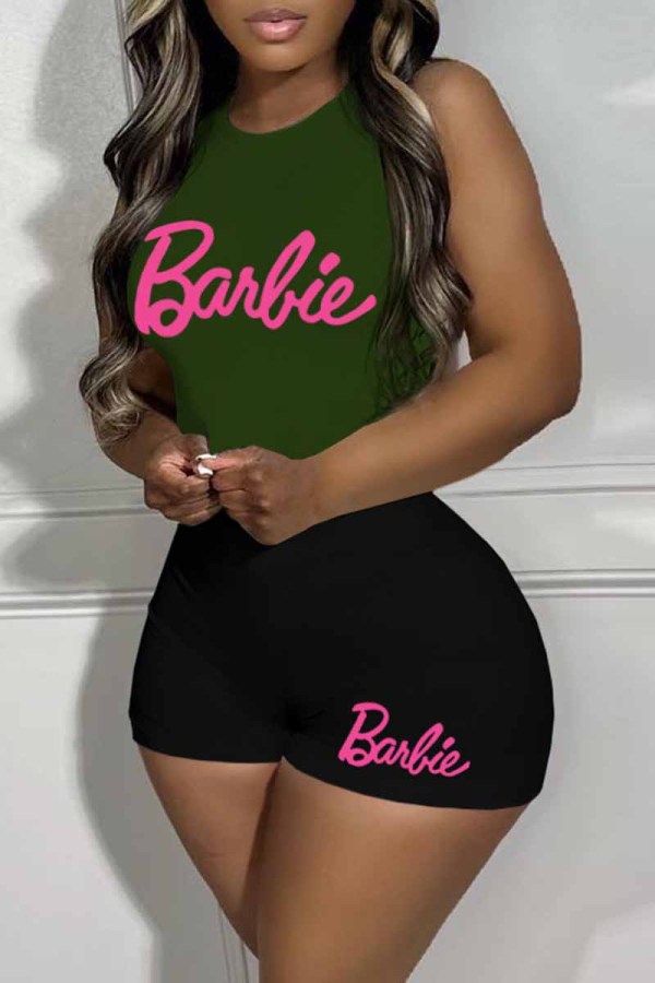 Army Green Sexy Print Letter O Neck Sleeveless Two Pieces