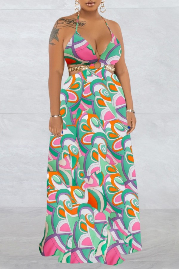 Orange Green Sexy Print Bandage Backless Spaghetti Strap Long Dress (Without Waist Chain ,Subject To The Actual Object)