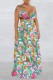 Orange Green Sexy Print Bandage Backless Spaghetti Strap Long Dress (Without Waist Chain ,Subject To The Actual Object)