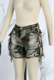 Camouflage Casual Camouflage Print Tassel Patchwork Skinny High Waist Conventional Shorts (Subject To The Actual Object)