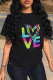 Black Casual Daily Print Patchwork Letter O Neck T-Shirts