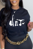 Black Casual Daily Print Patchwork O Neck T-Shirts
